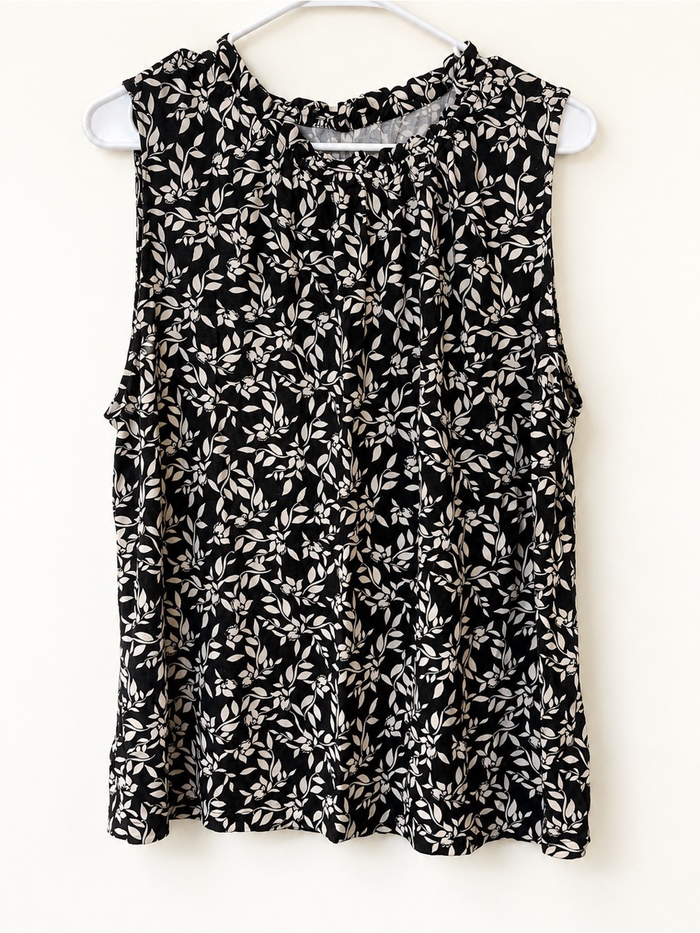LOFT Black Sleeveless Blouse with Cream Leaf Print